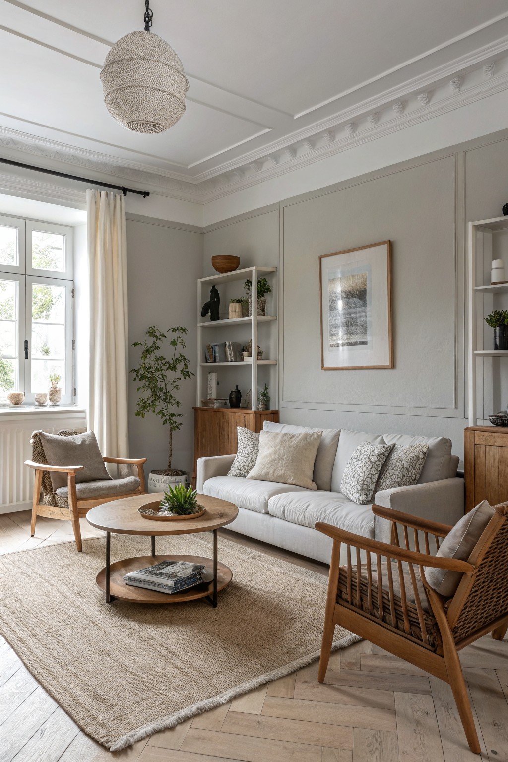 Light warm greige walls in a cozy living room with beige sofa, rattan chairs, wooden coffee table, plants, and soft natural light from tall windows