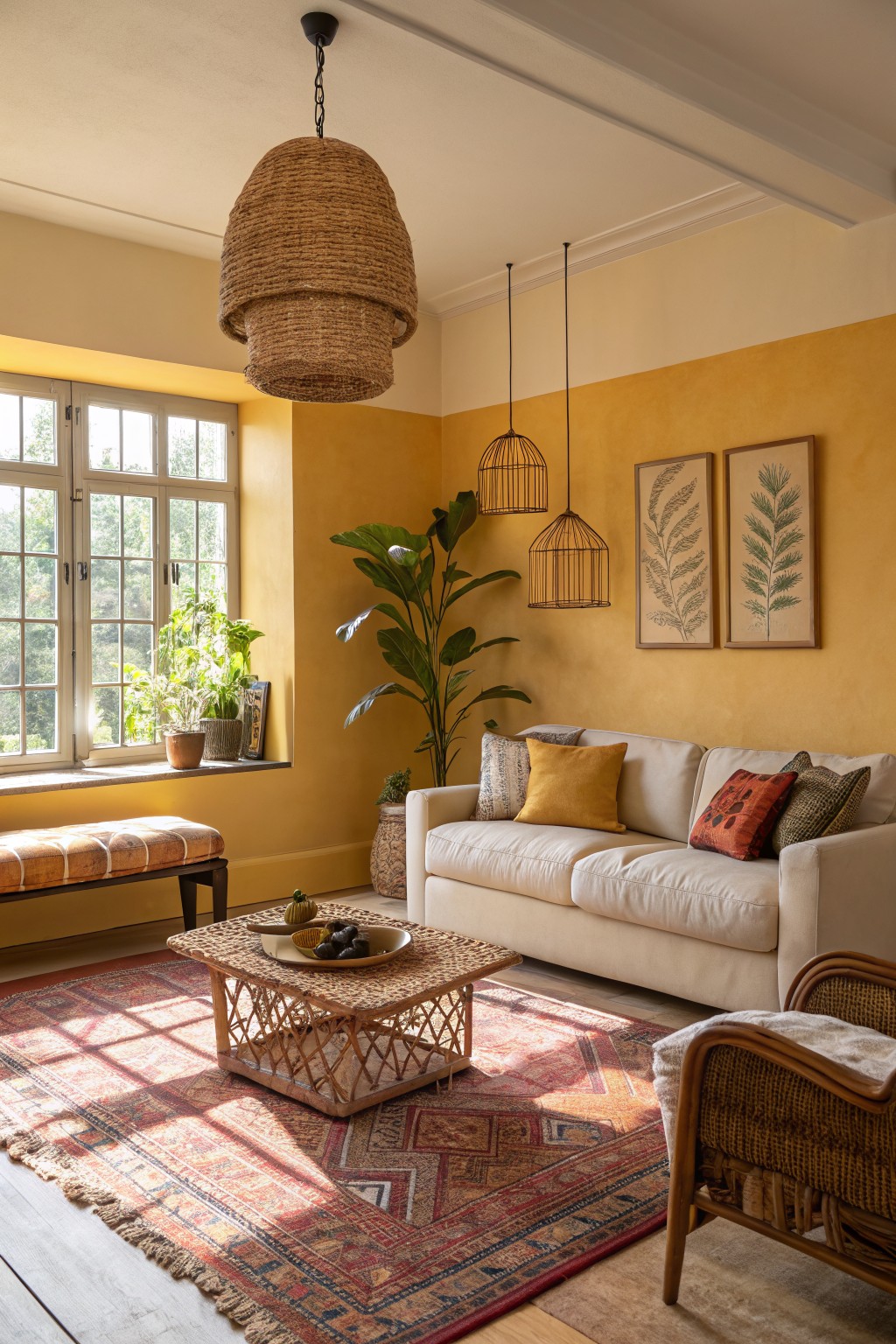 Cozy living room with warm ochre yellow walls, cream sofa accented by yellow pillows, rattan furniture, potted plants, woven coffee table, and a red Persian rug under sunlight from large windows