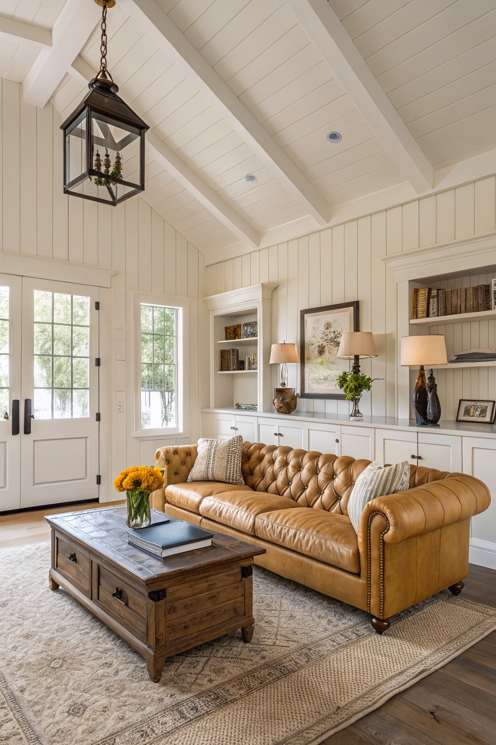Cozy living room featuring warm white shiplap walls, tan leather tufted sofa, wooden coffee table with books, built-in white cabinetry, and large windows letting in natural light