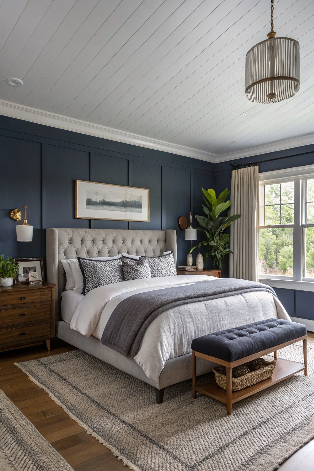 Bedroom featuring deep navy board-and-batten accent wall, tufted upholstered bed with gray linens, wooden nightstand, potted plants, and beige curtains on large window