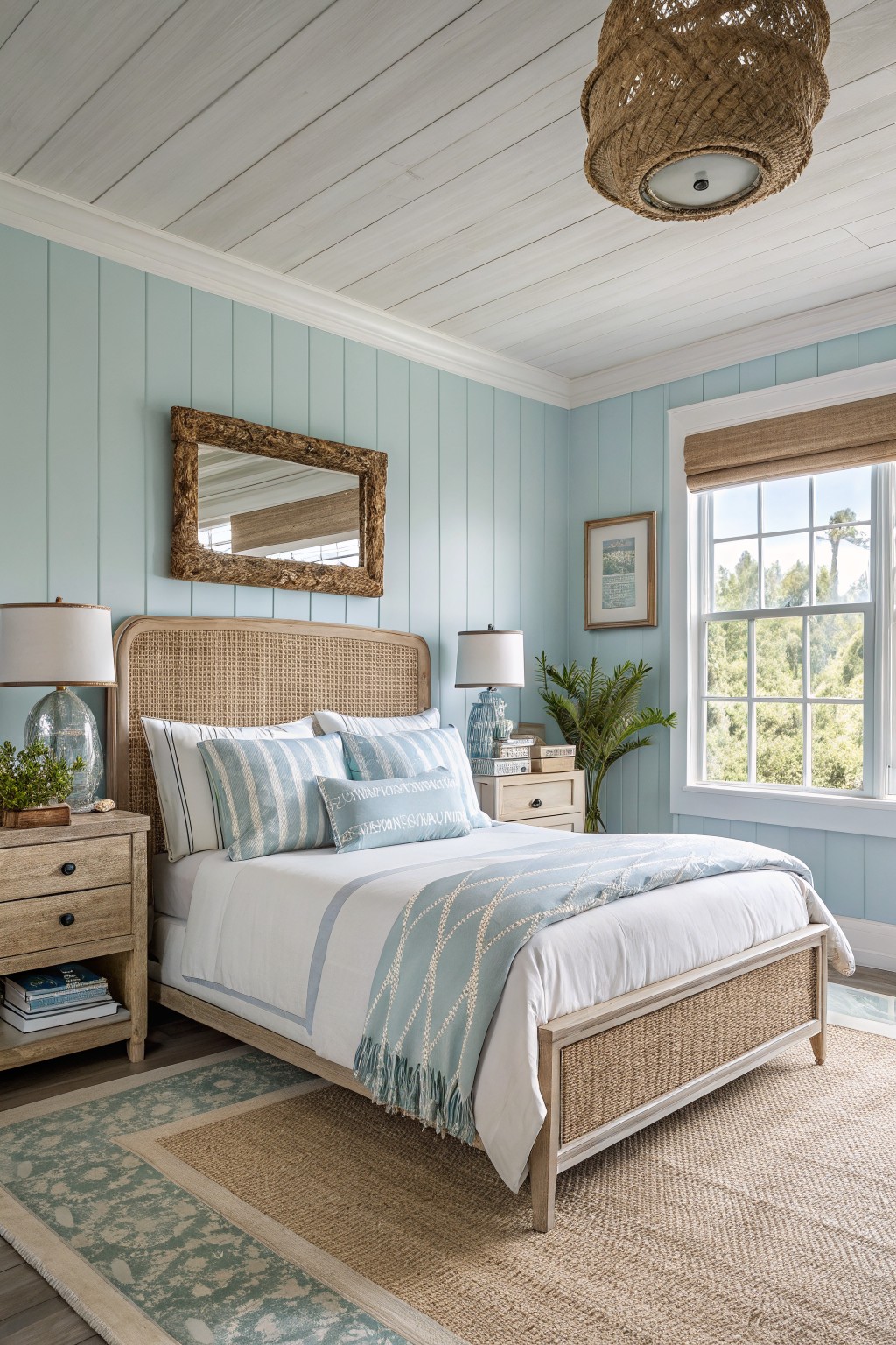 Bedroom with light aqua shiplap walls, rattan bed frame, woven pendant light, and coastal wood furnishings