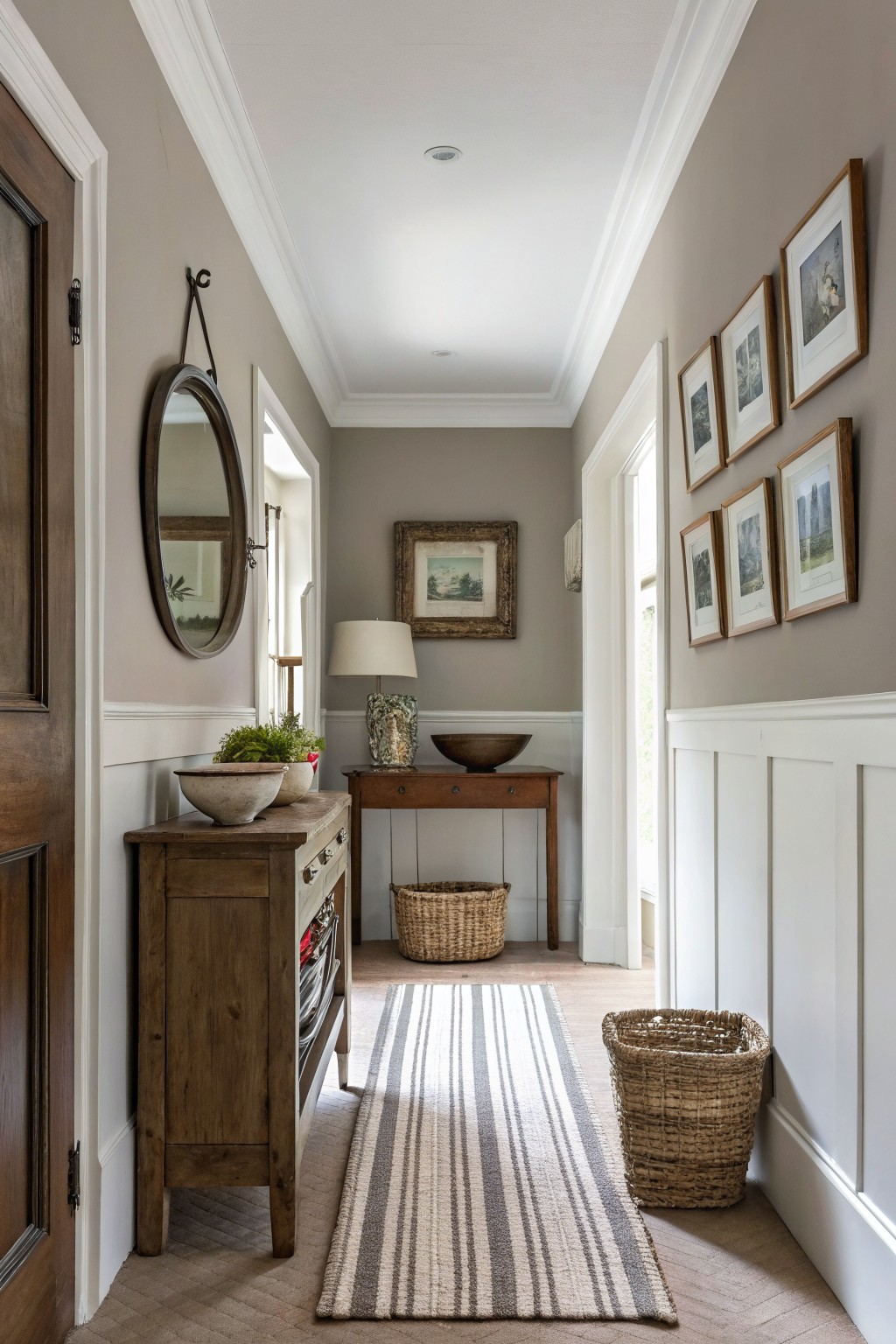 Narrow hallway painted in soft greige with white wainscoting, wooden console table, and framed art on walls