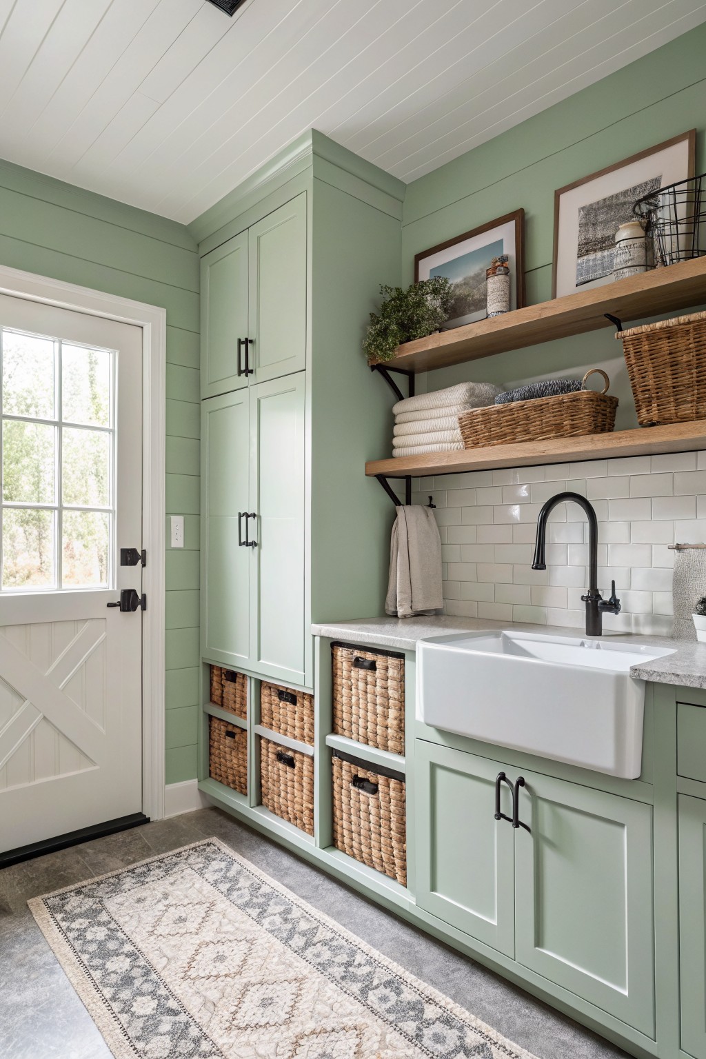 Laundry room featuring soft sage green shiplap walls and matching cabinets, white farmhouse sink, black faucet, wood floating shelves with baskets and linens
