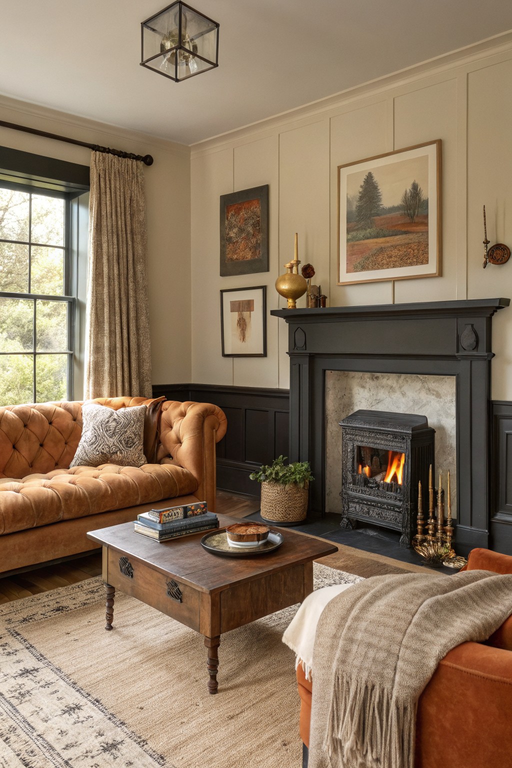 Living room with warm greige walls, black fireplace mantel, orange tufted sofa, wooden coffee table, and landscape artwork