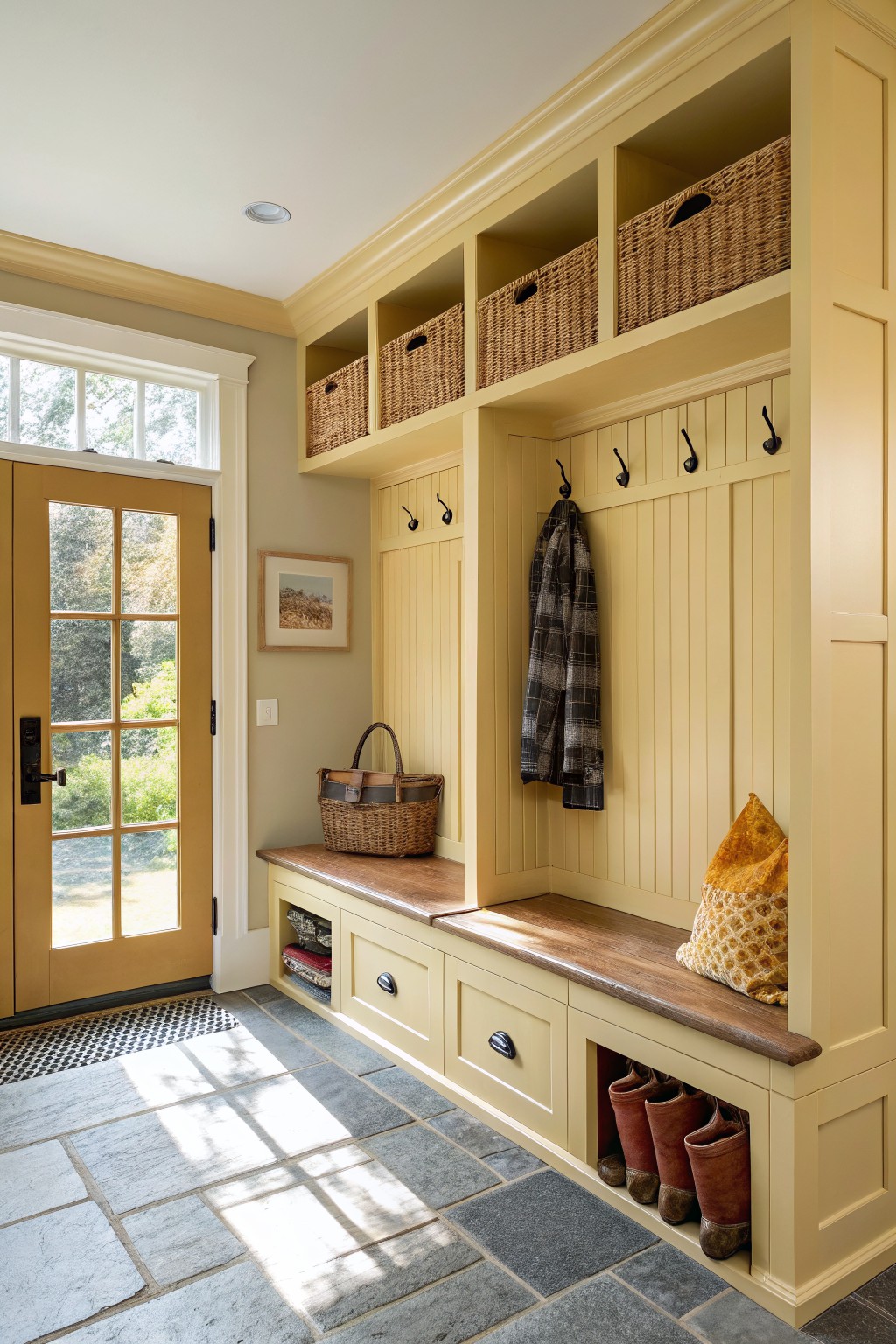 Mudroom featuring warm pale yellow cabinetry with hooks, bench, boots, and baskets against slate floors