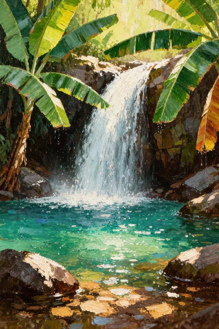 Oil painting of a waterfall falling into a turquoise pool surrounded by large green banana leaves, rocks, and lush tropical foliage.