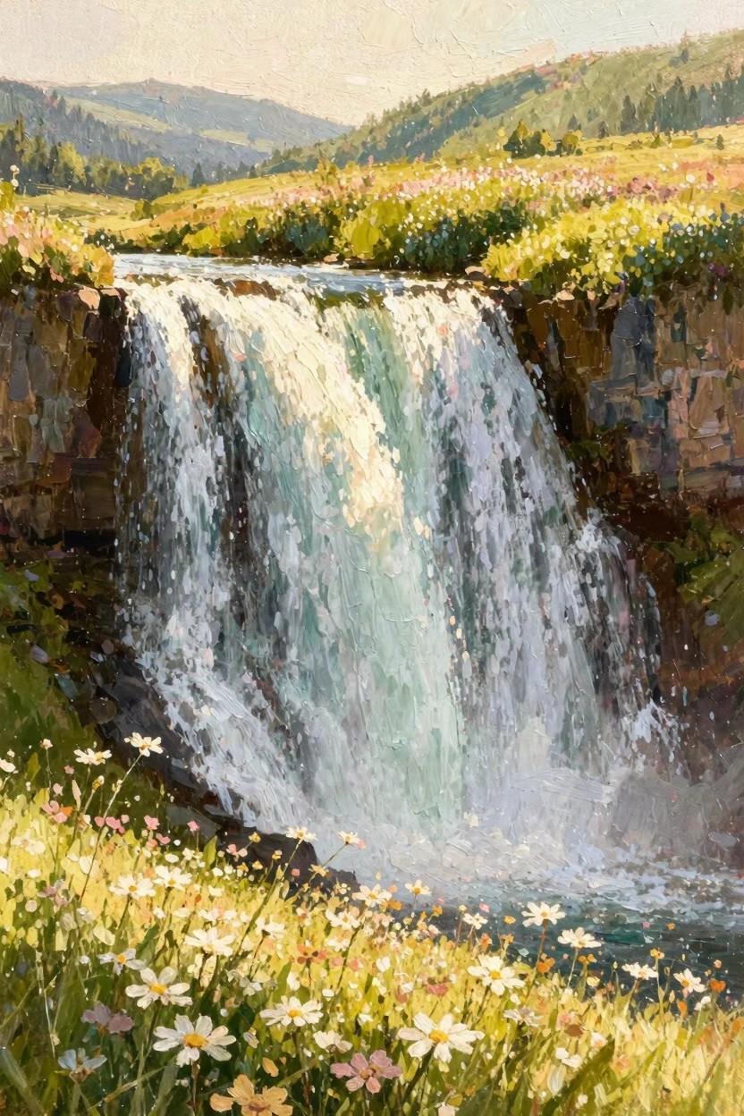 Oil painting of a waterfall tumbling over rocky cliffs amid green meadows filled with white daisies and pink flowers, with distant forested hills under warm sunlight.