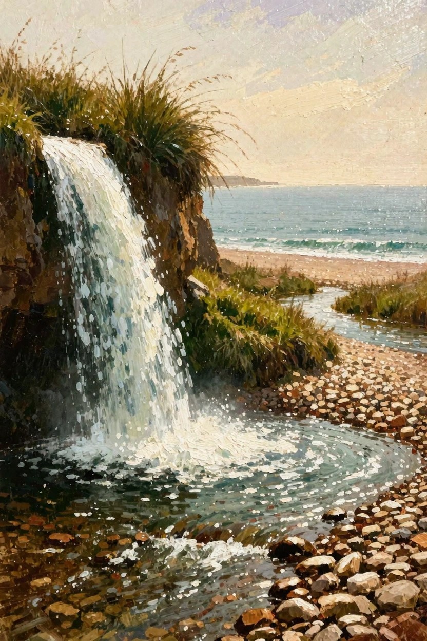 Oil painting of waterfall cascading from grassy cliff into pebbled stream on beach with ocean horizon.