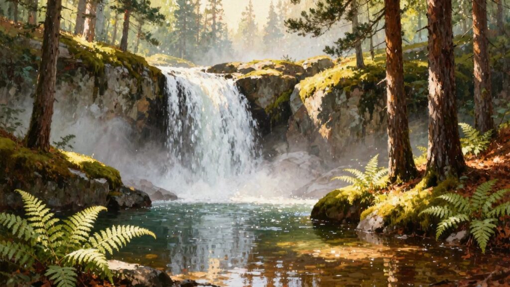 Detailed oil painting of a sunlit forest waterfall over mossy rocks with tall pines, ferns, and a reflective pool.