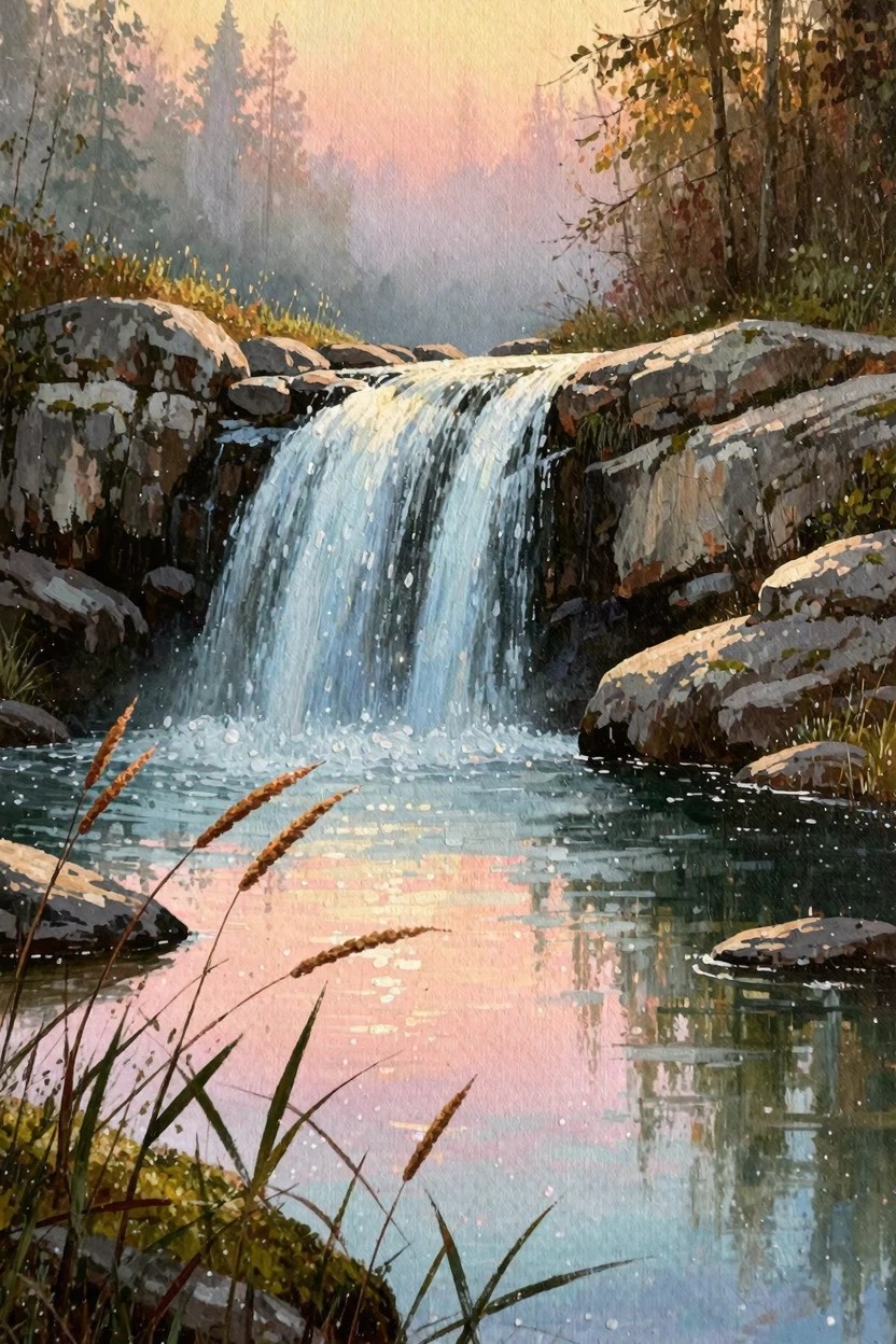 Oil painting of a small waterfall over rocks into a reed-edged pool, with autumn forest and sunset sky.