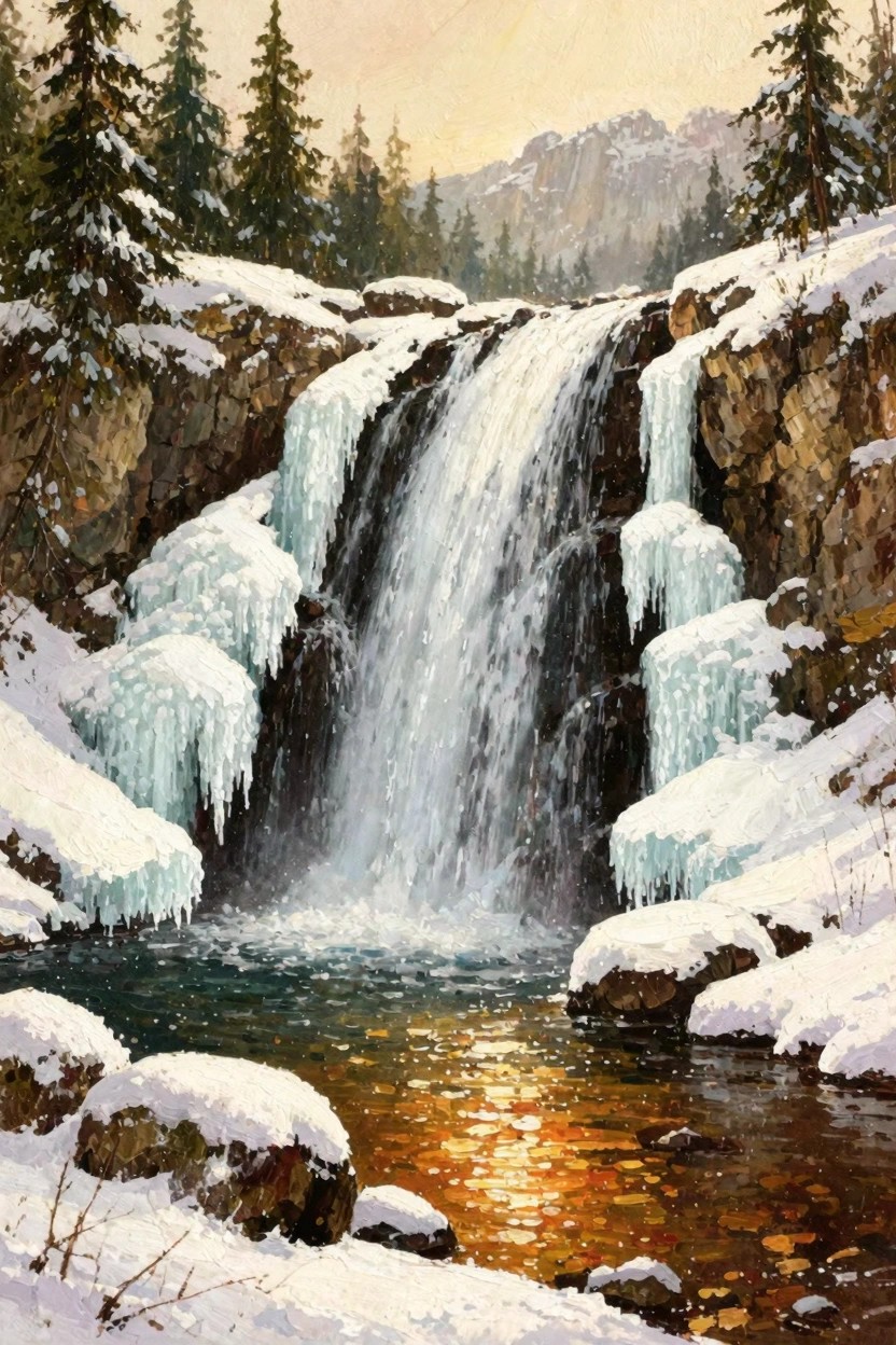 Oil painting depicting a frozen waterfall cascading over snowy rocks surrounded by pine trees in a winter mountain scene with golden light on the water.