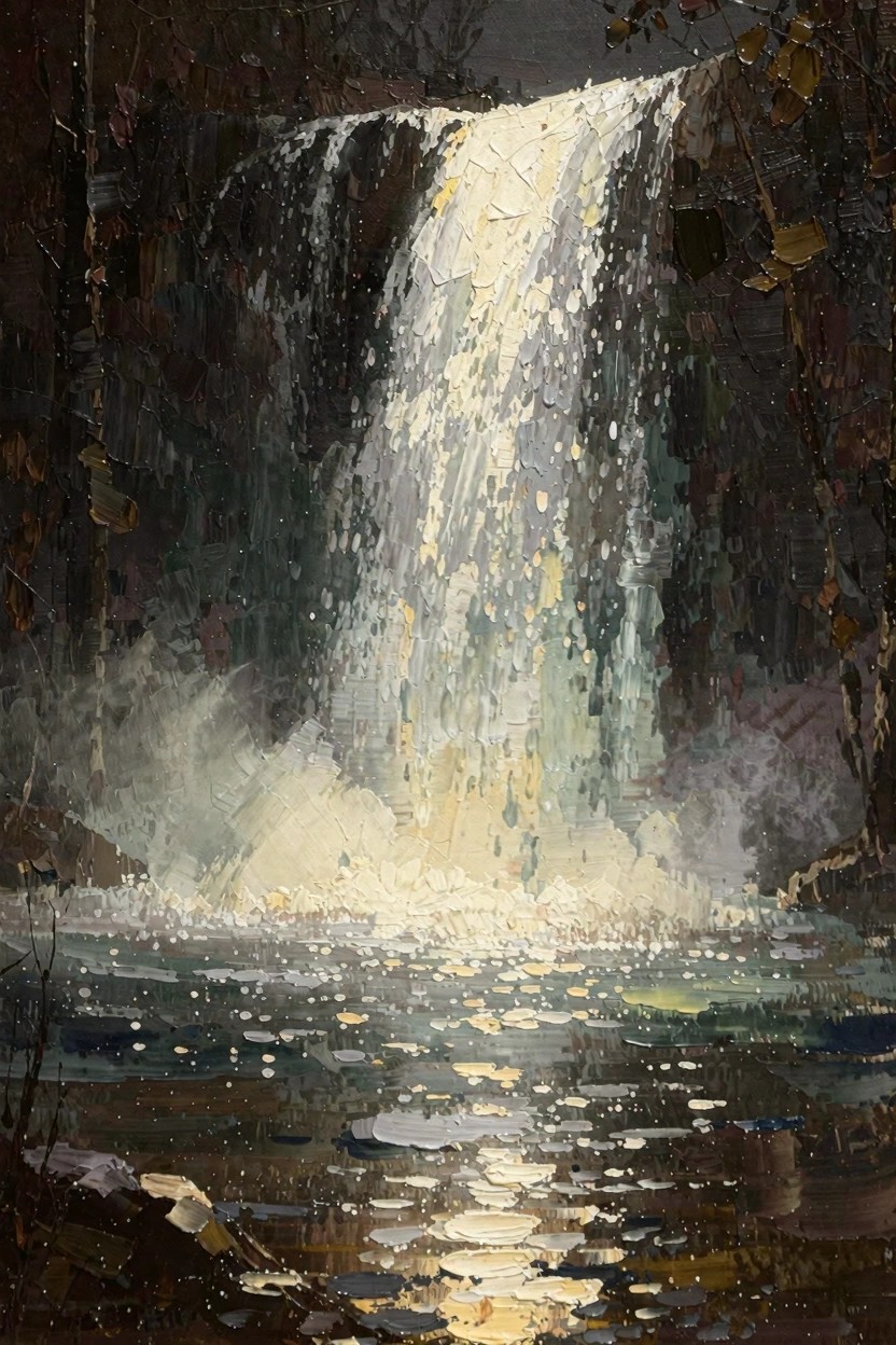 Oil painting of a brightly lit waterfall falling into a reflective pool amid dark, textured forest surroundings.