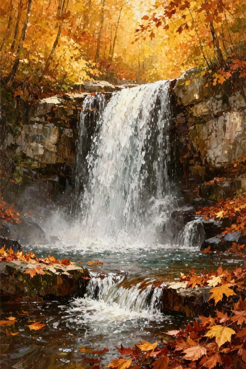 Oil painting of a waterfall cascading over rocks into a pool surrounded by autumn trees and fallen orange leaves.