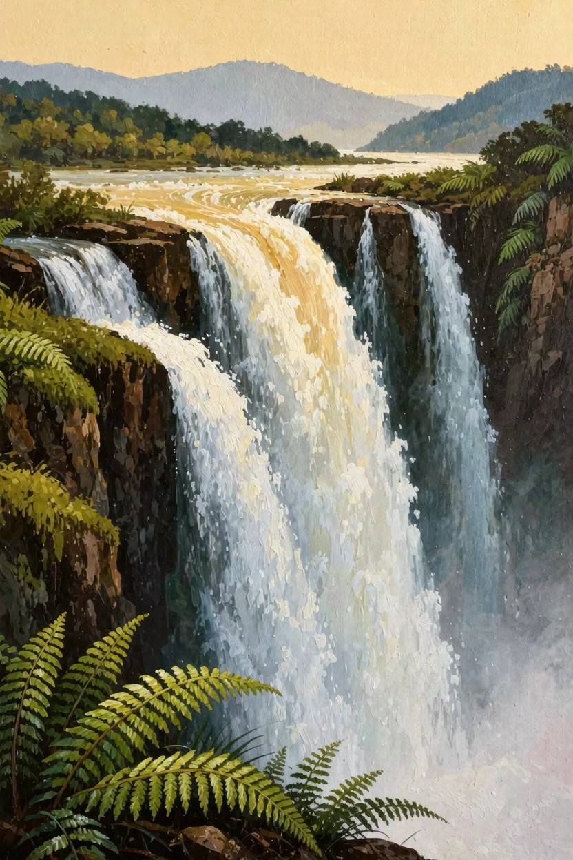 Oil painting depicting twin waterfalls over fern-covered rocky cliffs in a tropical landscape with distant mountains and golden-hour lighting.