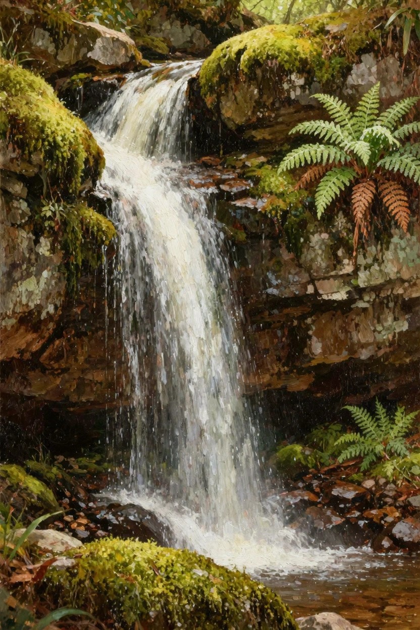 Oil painting of a small waterfall flowing over green moss-covered rocks and surrounded by ferns in a forest setting.