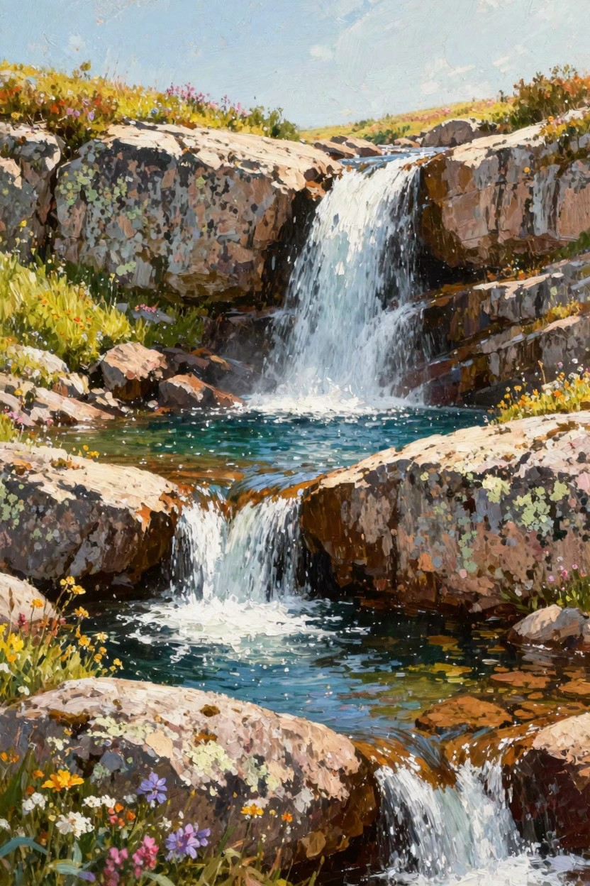 Oil painting of multi-tiered waterfalls flowing over mossy rocks into green-blue pools amid colorful wildflowers and grasses under a blue sky.