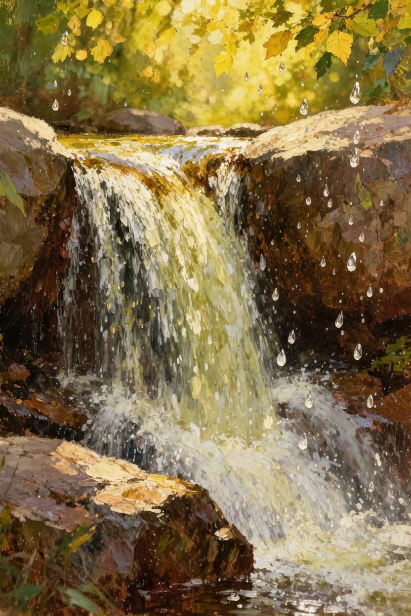 Oil painting of a waterfall cascading over rocks in an autumn forest with yellow leaves, green foliage, sunlight, and water droplets.