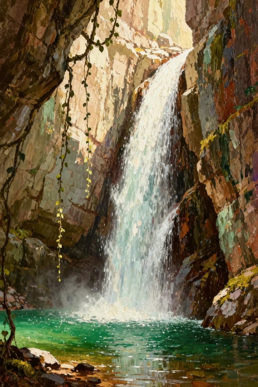 Oil painting of a waterfall cascading into an emerald pool at the base of a narrow, vine-covered rocky gorge with sunlight from above.