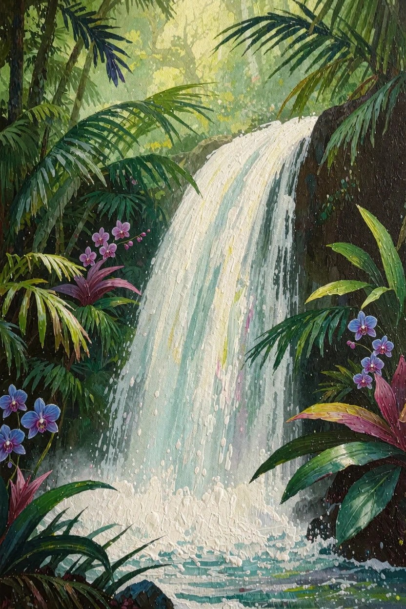 Oil painting depicting a waterfall in a lush tropical jungle with green palms, ferns, purple orchids, and textured white water foam.