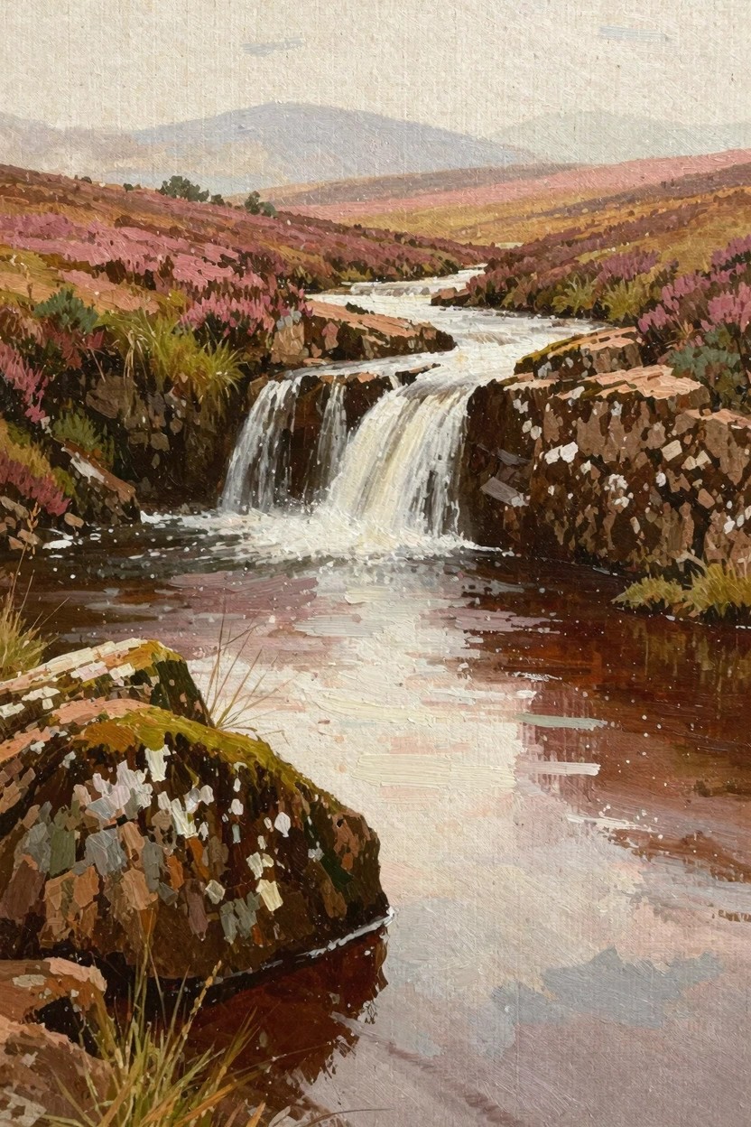 Oil painting depicting a small waterfall flowing over rocks into a stream amid purple heather-covered hills and distant misty mountains.