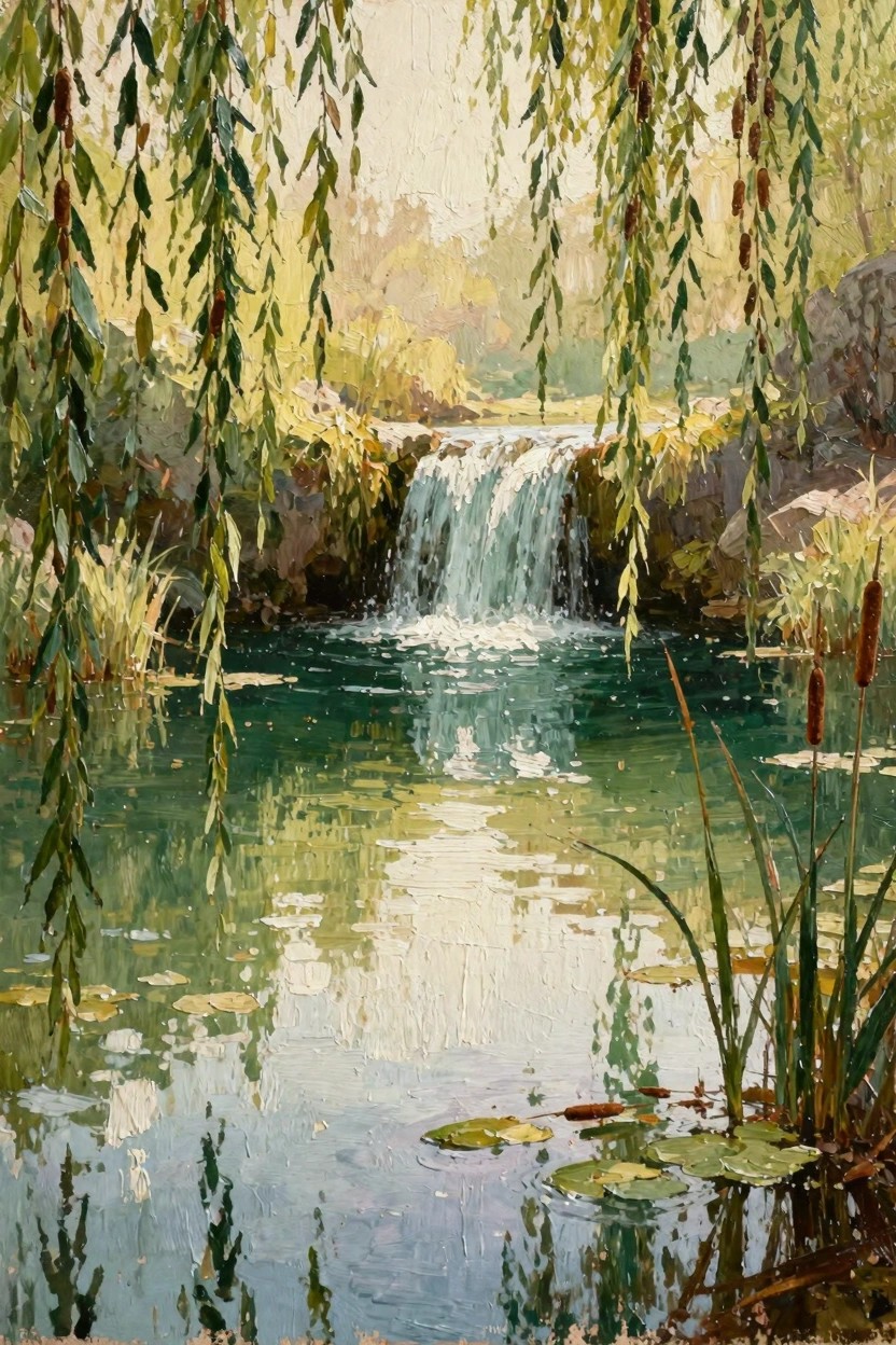 Oil painting of a small waterfall cascading into a green pond framed by weeping willow branches, with reeds, lily pads, and rocks.