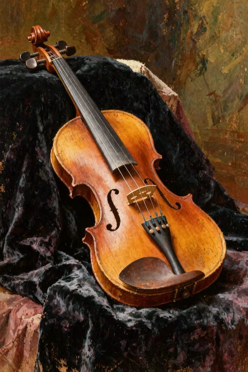 Oil painting of an antique violin with golden wood resting on black velvet against a textured green-brown background.