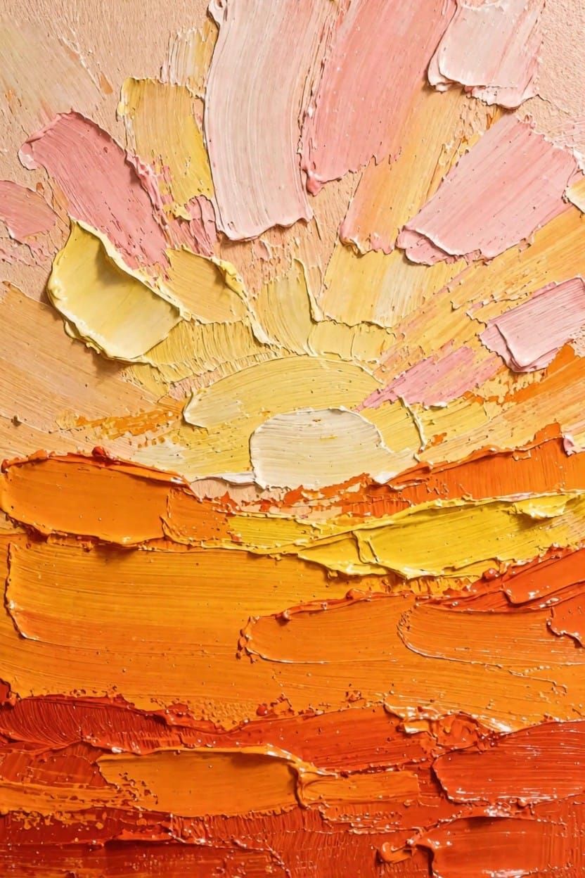 Textured oil painting of a yellow sun with pink, orange, and yellow impasto rays over an orange horizon.