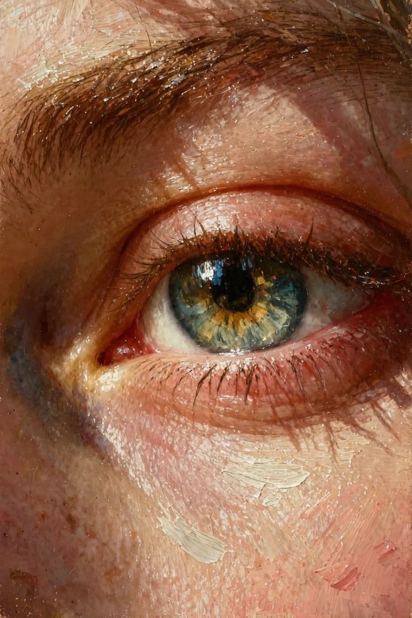 Oil painting close-up of a green human eye with gold-flecked iris, red-rimmed lids, textured freckled skin, and visible brushstrokes.