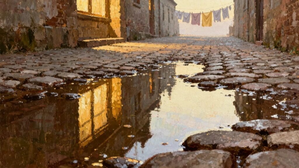 18 Unique Oil Painting Subjects To Try When You Feel Stuck Oil painting of a narrow wet cobblestone alley between old brick and stone houses, with warm window lights and lantern reflections in puddles, laundry line overhead, and misty evening sky.