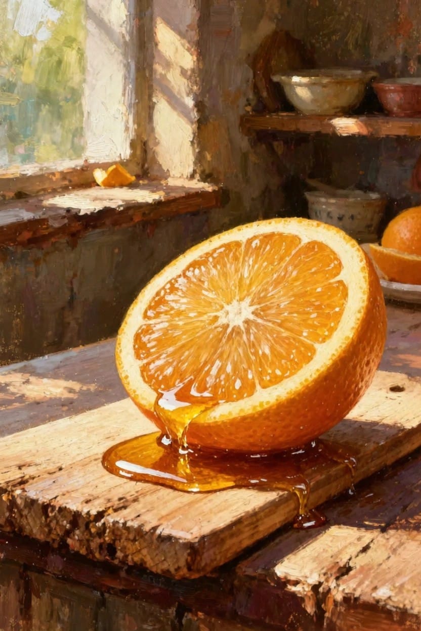 Oil painting of a halved orange with honey dripping onto a wooden board in a rustic sunlit kitchen.
