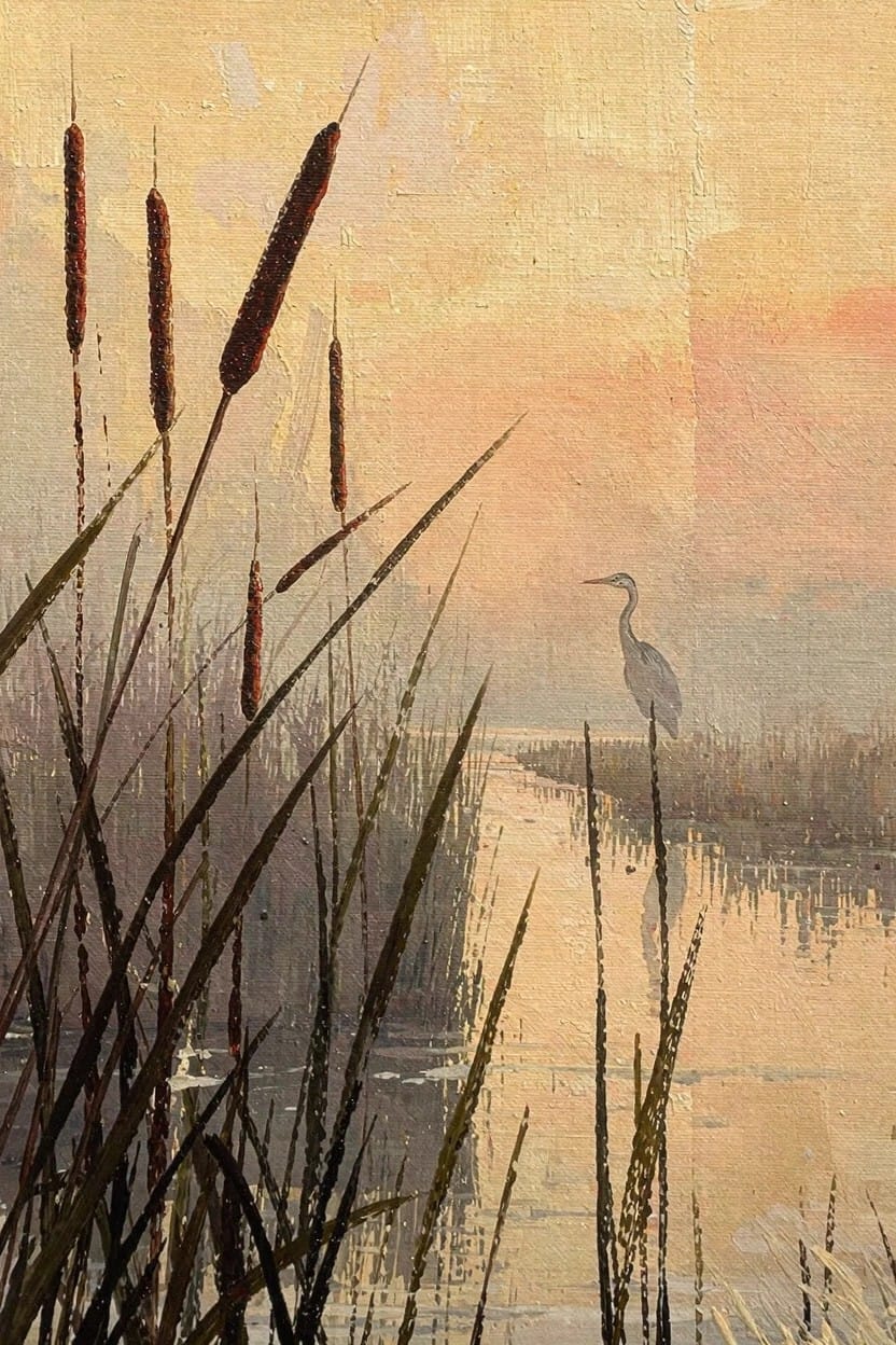 Oil painting of a gray heron standing in shallow misty water amid tall brown cattails with warm sunset sky reflections.