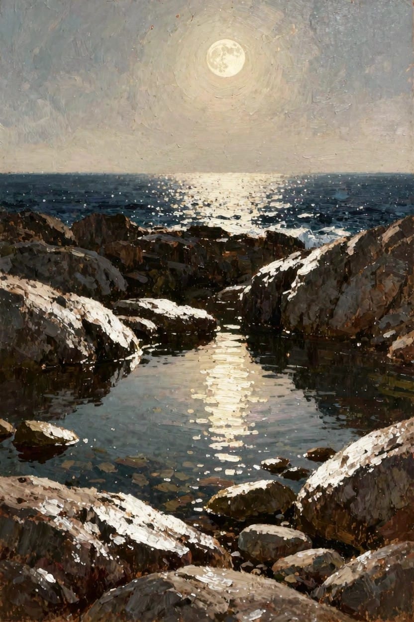 Oil painting depicting a full moon over a rocky shoreline with a foreground tidal pool reflecting moonlight toward the ocean.