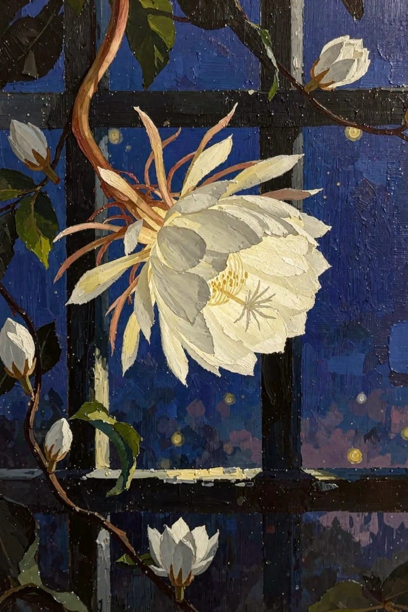 Oil painting of a large white cereus flower with twisting stems and buds climbing through black window bars over a deep blue starry night sky.