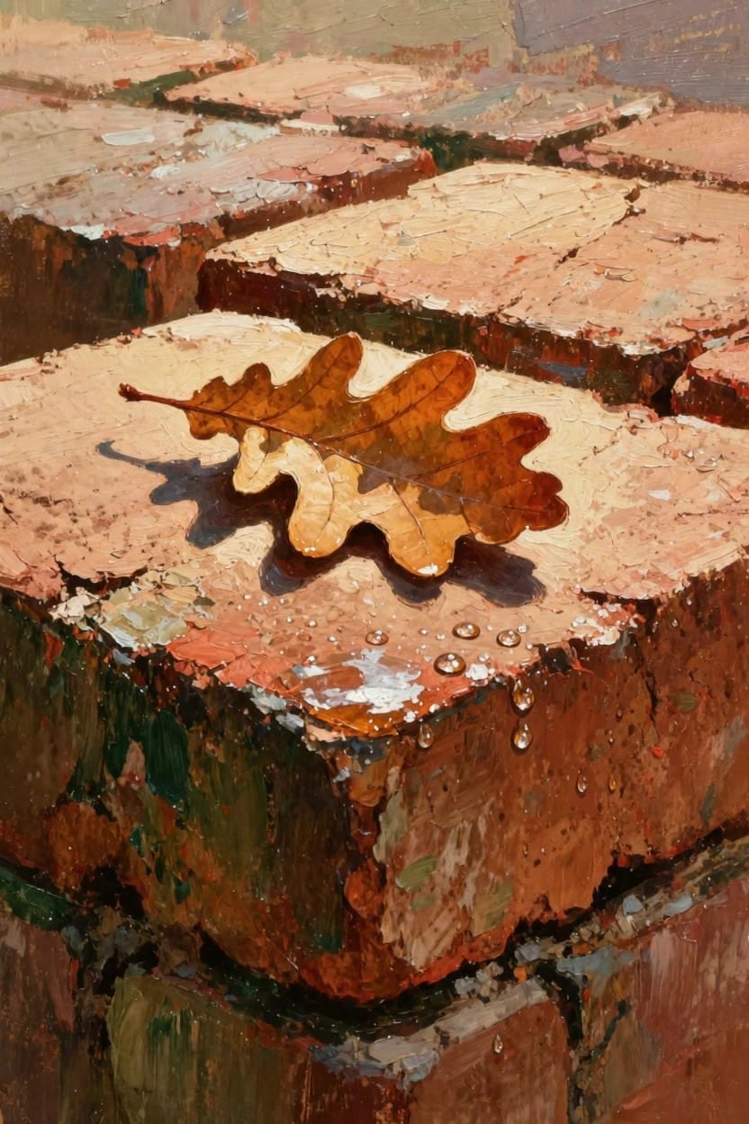 Oil painting of an orange oak leaf with water droplets resting on a stack of textured, weathered bricks.