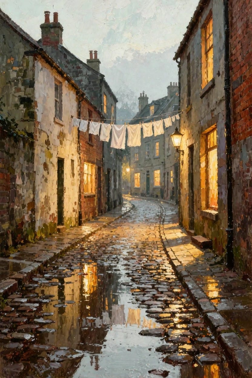 Oil painting of a narrow wet cobblestone alley between old brick and stone houses, with warm window lights and lantern reflections in puddles, laundry line overhead, and misty evening sky.