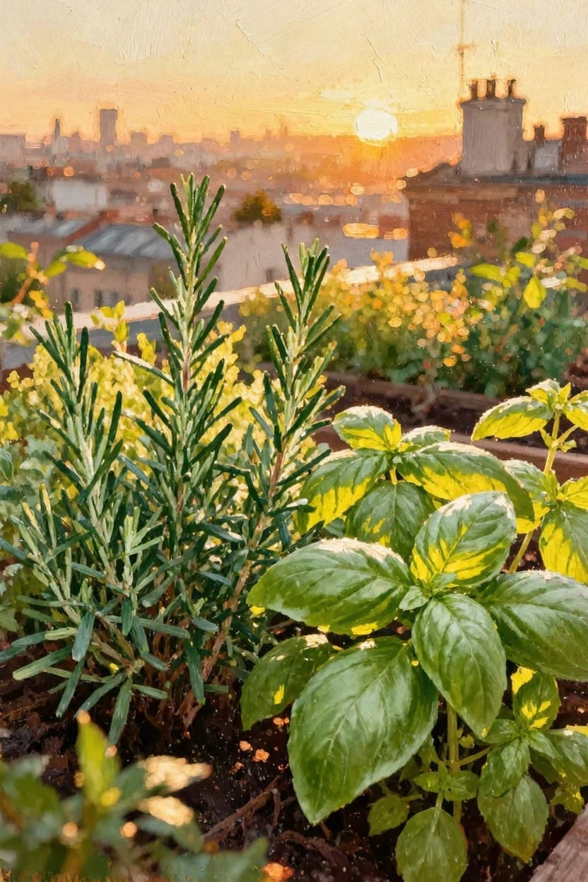 Oil painting of rosemary and basil in pots on a rooftop overlooking a city skyline at sunset.