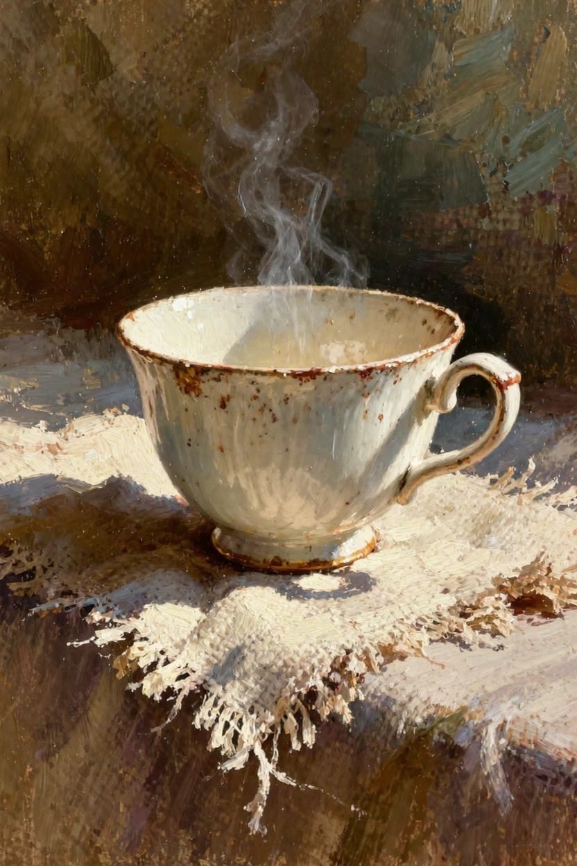 Oil painting of a steaming white rustic cup on a frayed white napkin in warm sunlight with earthy blurred background.