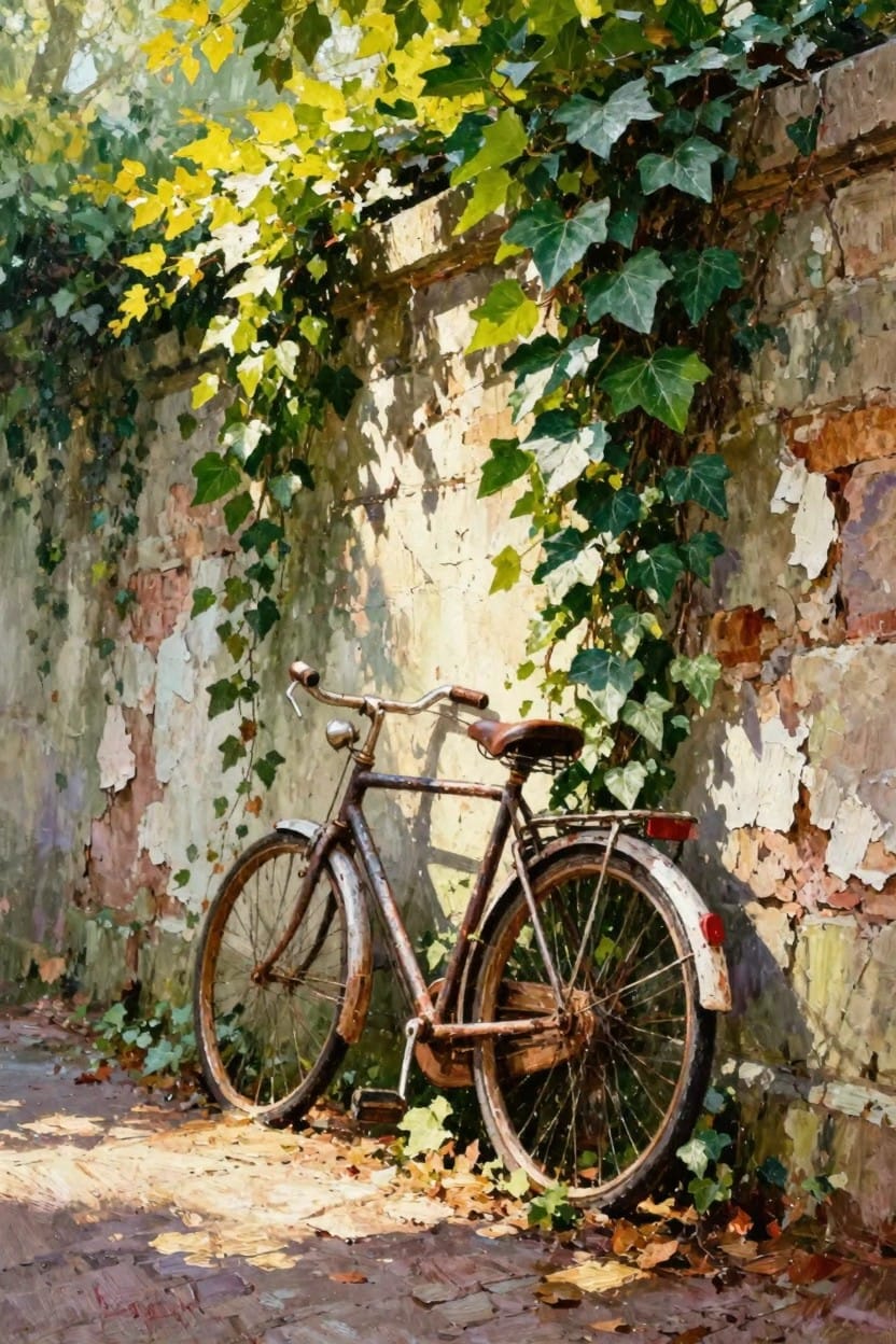 Oil painting of a rusty old bicycle leaning against a peeling brick wall overgrown with green ivy, sunlight on cobblestones and autumn leaves.