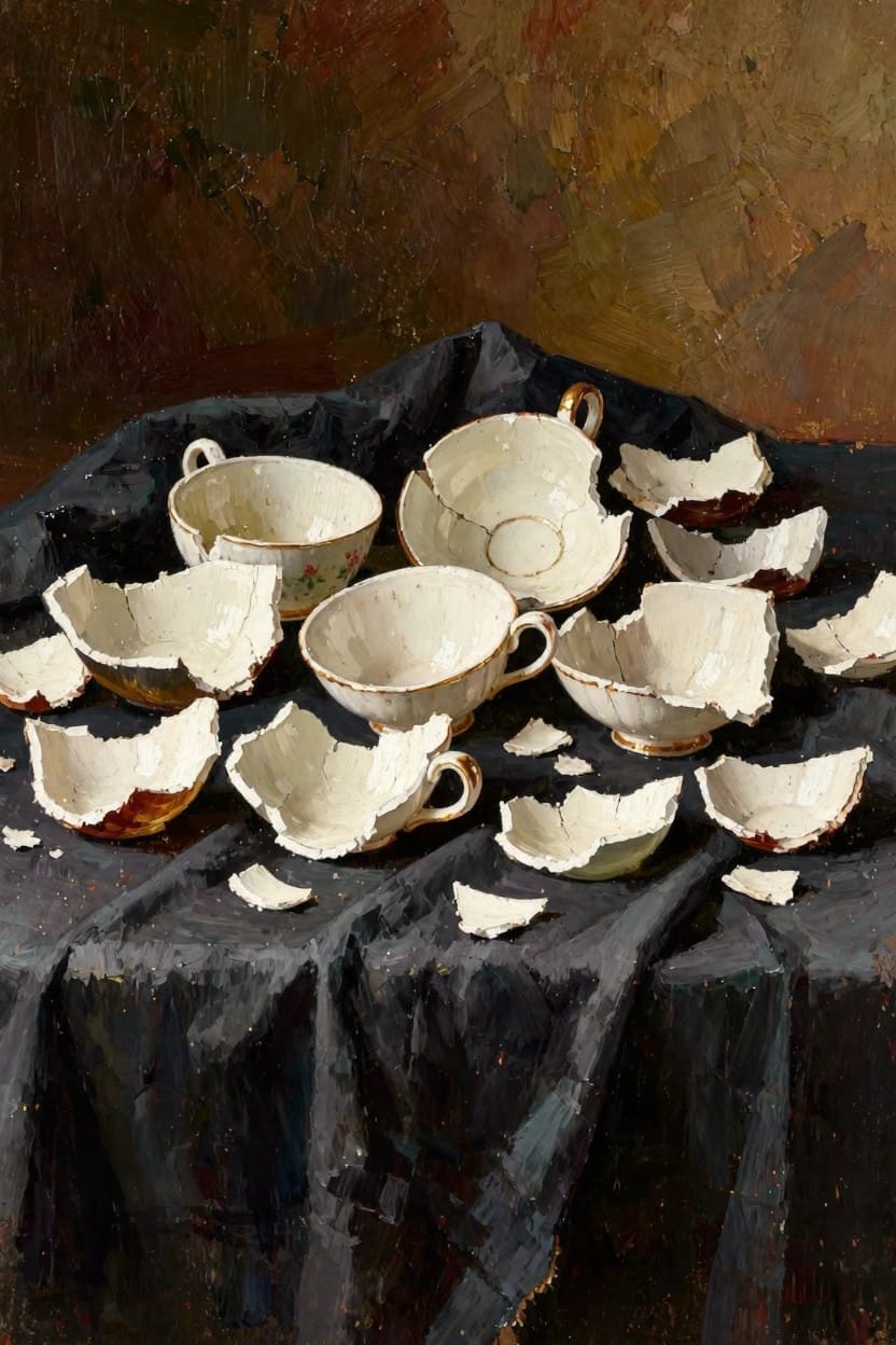 Oil painting of broken white porcelain teacups with gold rims and floral details arranged on black fabric against a warm brown background.