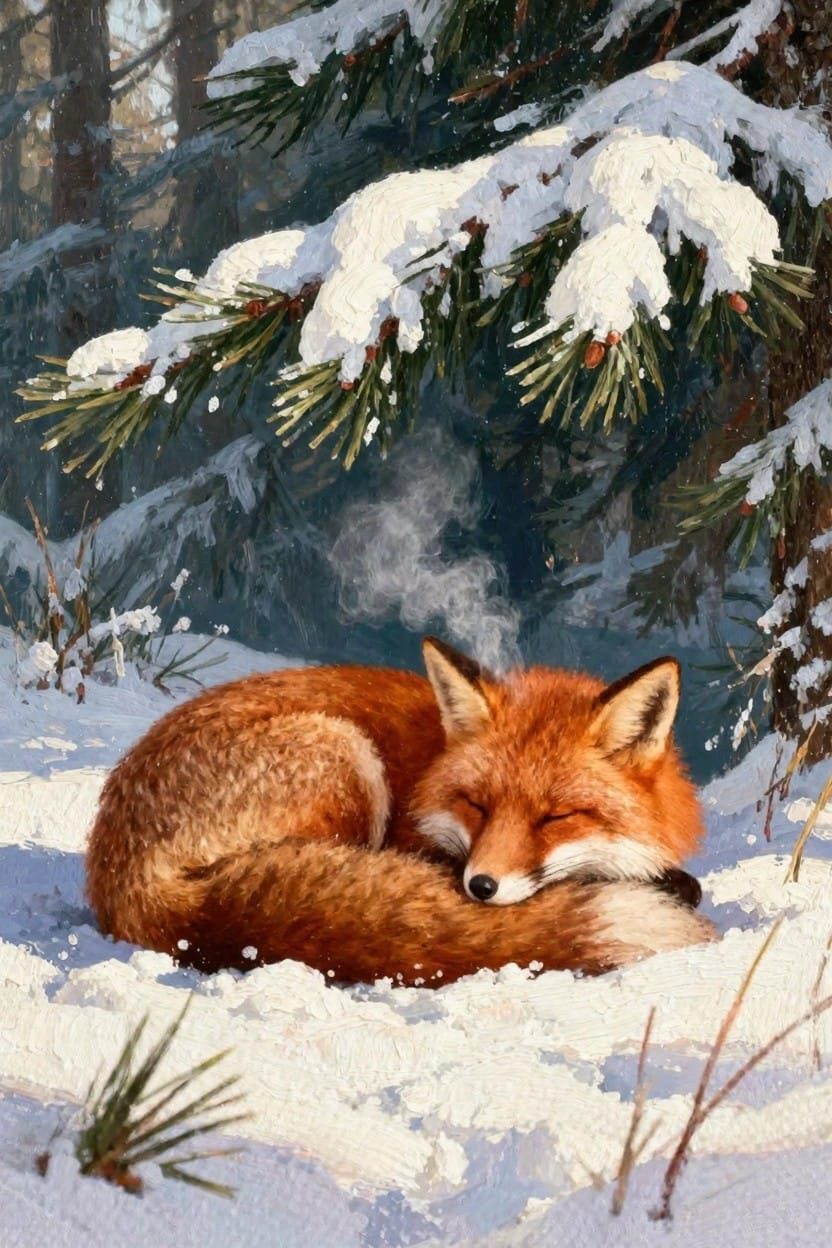 Realistic oil painting of a red fox sleeping curled up in snow beneath snow-laden pine branches in a winter forest with visible breath steam.