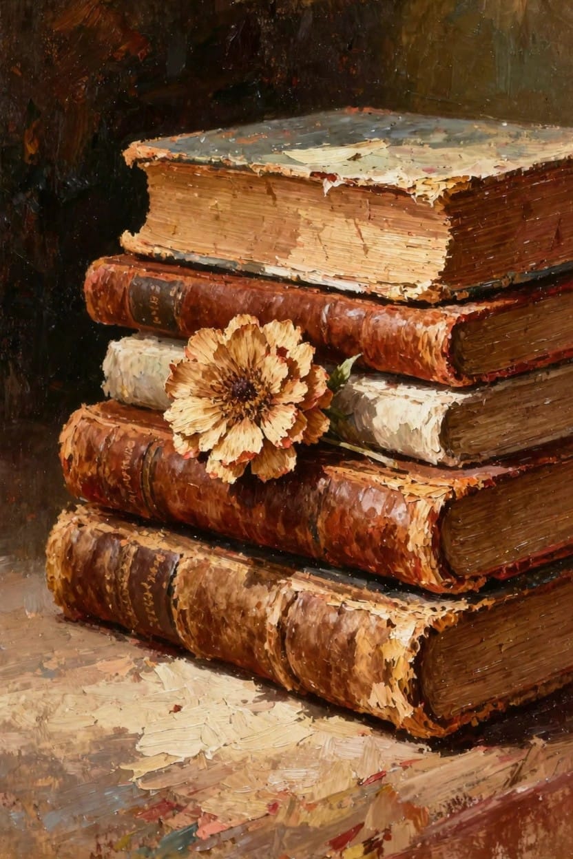 Oil painting of stacked worn antique books in browns and beiges with a single beige dried flower draped across the middle one on a dark textured surface.