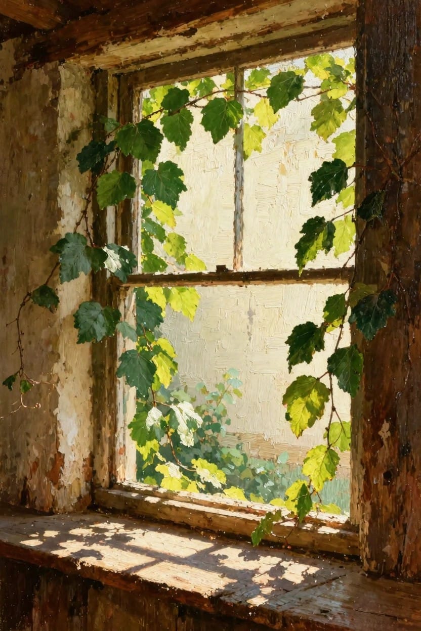 Oil painting of a weathered wooden window sill and frame overgrown with green ivy leaves, sunlight streaming through the glass panes and casting shadows.