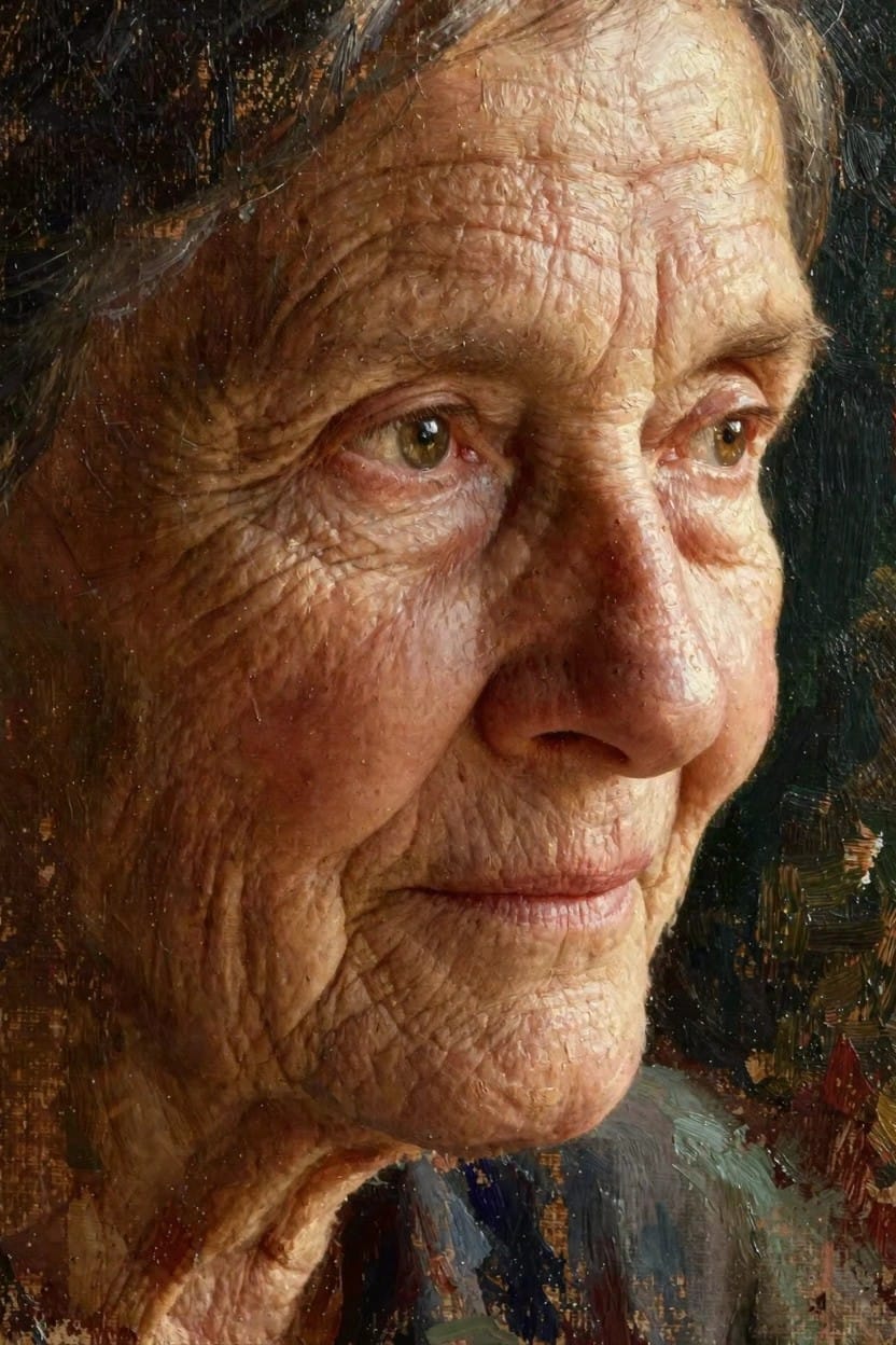 Close-up oil painting portrait of an elderly woman with wrinkled skin, green eyes, gray hair, and hand near chin against dark textured background.