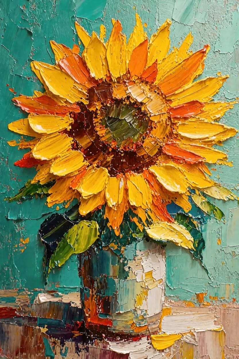 Oil painting of a vibrant sunflower in a white vase on a surface, set against a textured teal background.