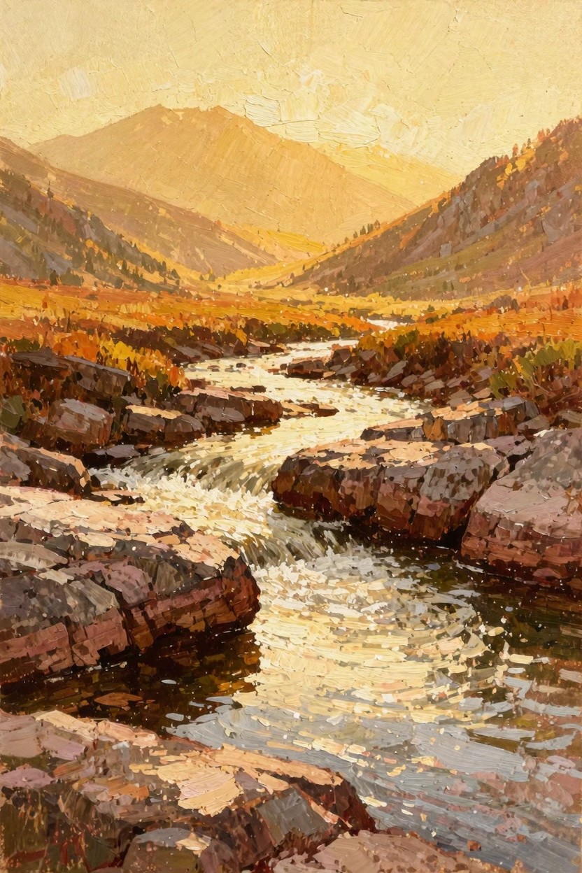 Textured oil painting of a golden hour mountain valley with autumn grasses, distant peaks, and a winding stream over rocks.