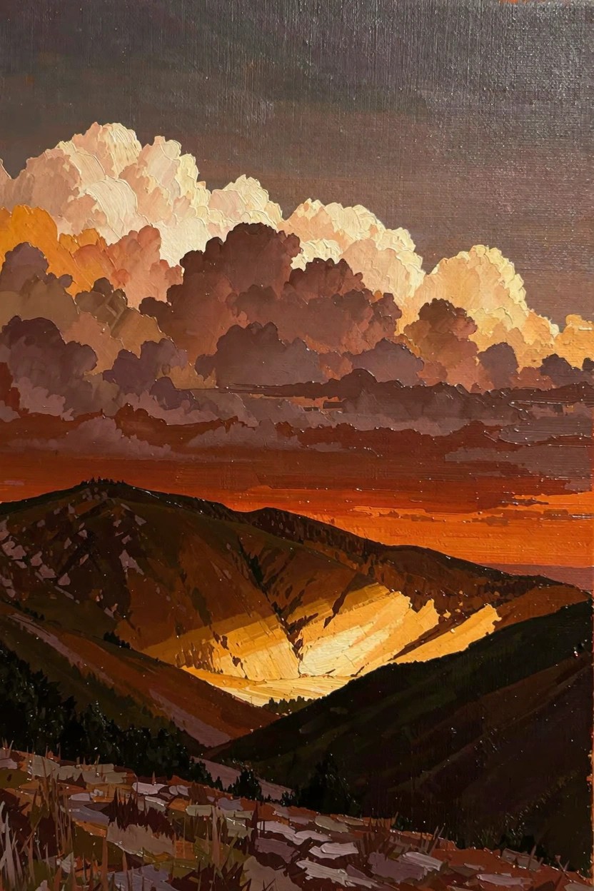 Oil painting of billowing orange-purple clouds above a golden valley between dark hills at sunset.
