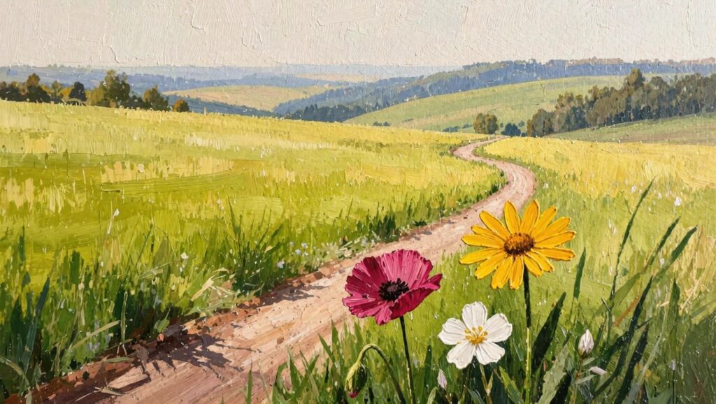 Oil painting of golden wheat fields with a curving dirt road, foreground wildflowers including red poppy, purple cornflower, and yellow daisies, and distant green hills under a light sky.