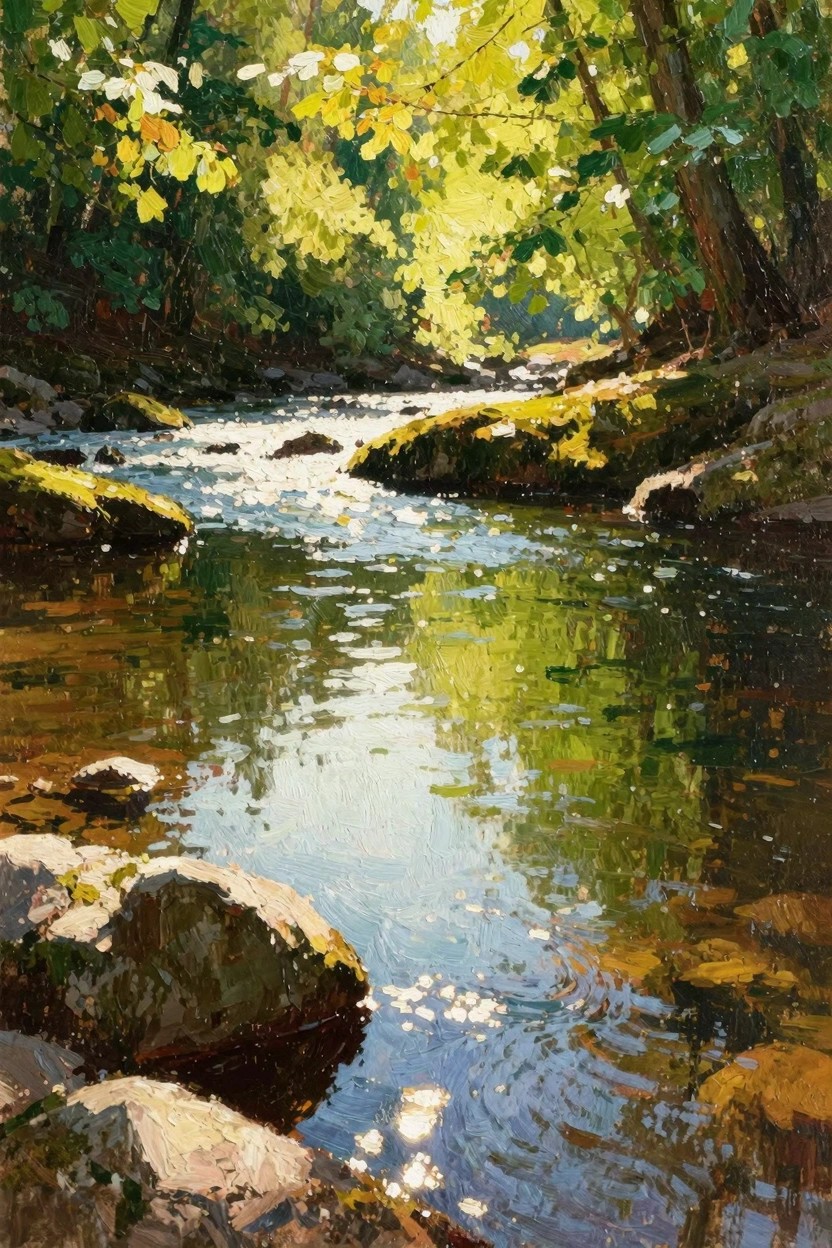 Oil painting of a sunlit stream winding through mossy rocks and trees with green foliage and yellow leaves.
