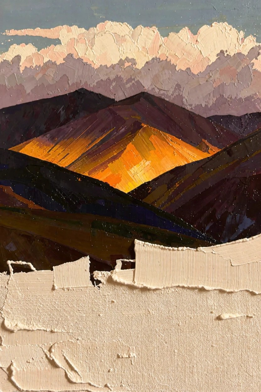 Oil painting of a golden-lit central mountain ridge amid darker purple-blue peaks, under fluffy clouds, with thick textured white foreground.