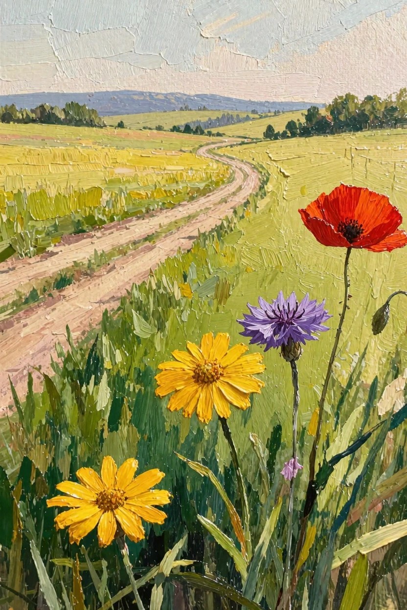 Oil painting of golden wheat fields with a curving dirt road, foreground wildflowers including red poppy, purple cornflower, and yellow daisies, and distant green hills under a light sky.